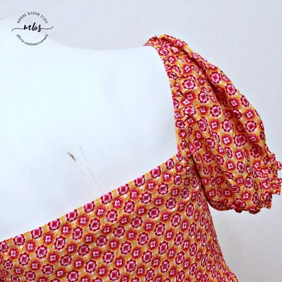 L*SPACE Simone Floral Square‎ Neck Short Sleeve Smocked High Low Maxi Dress - Picture 12 of 16